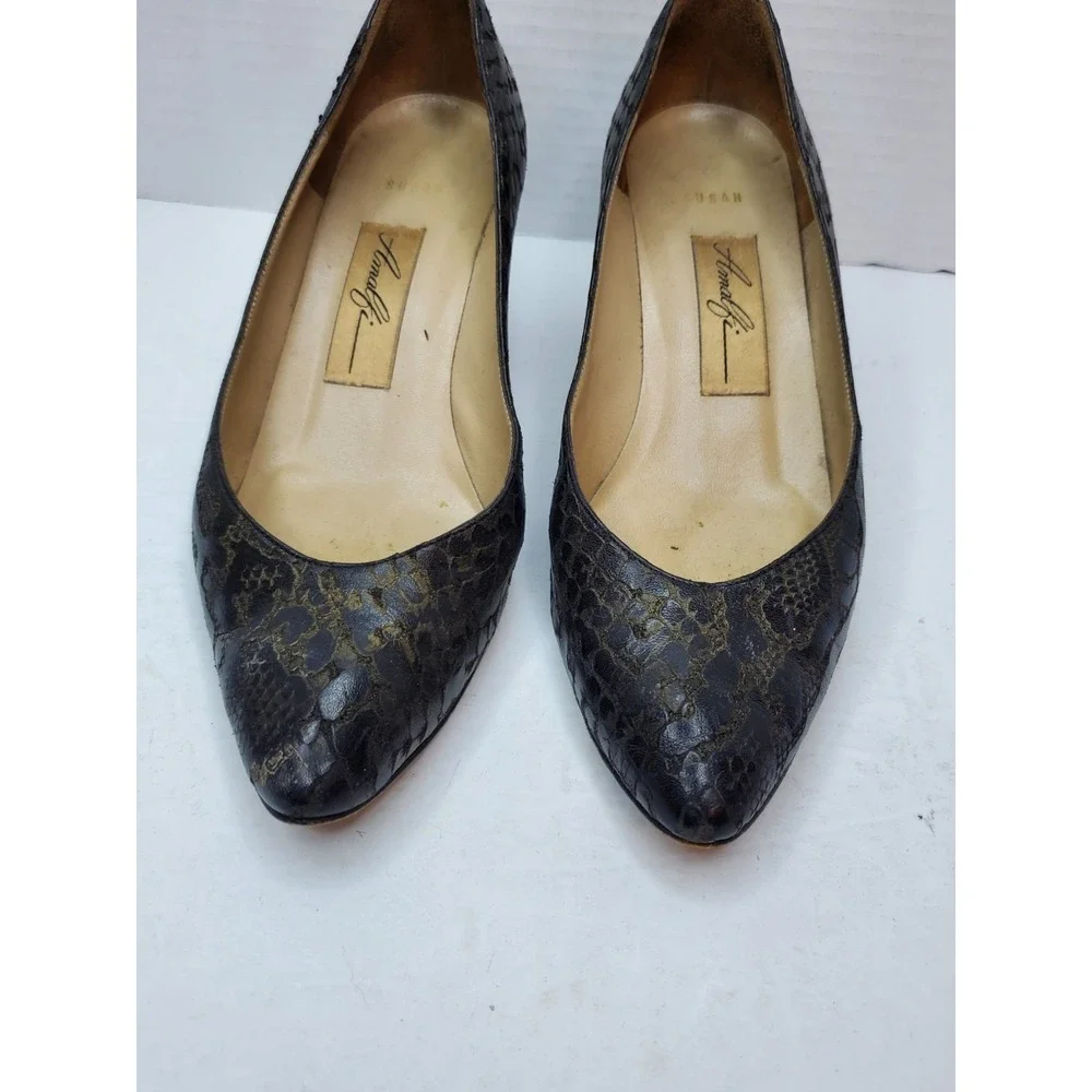 AMALFI Metalic‎ Black Anaconda Leather Pumps Kitten Heels Shoes 8B Italy Y2K